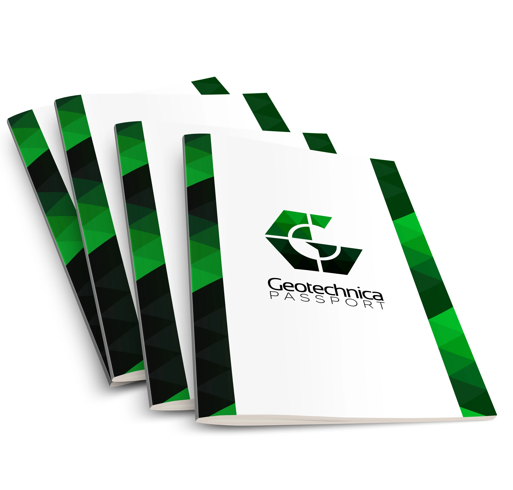 Render of the Geotechnica Passport booklets with green geometric borders and the Geotechnica Passport logo